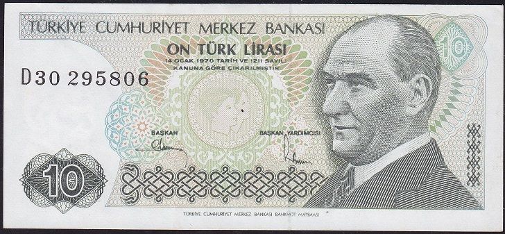 7.Emisyon 2.Tertip 10 Lira D30 295806 Çok Temiz+