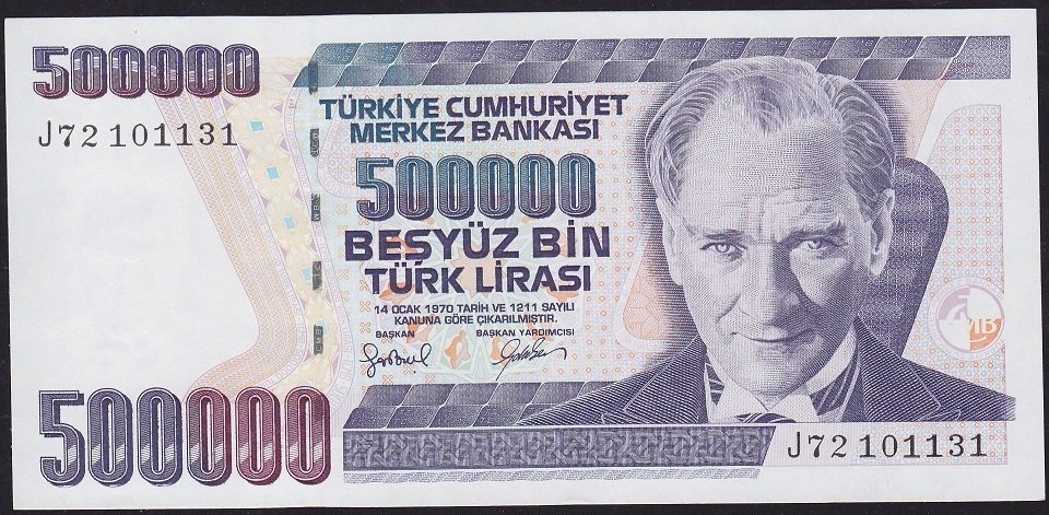 7.Emisyon 4.Tertip 500000 Lira J72 101131 Çilaltı Çil ( Bandrol baskı izleri var )