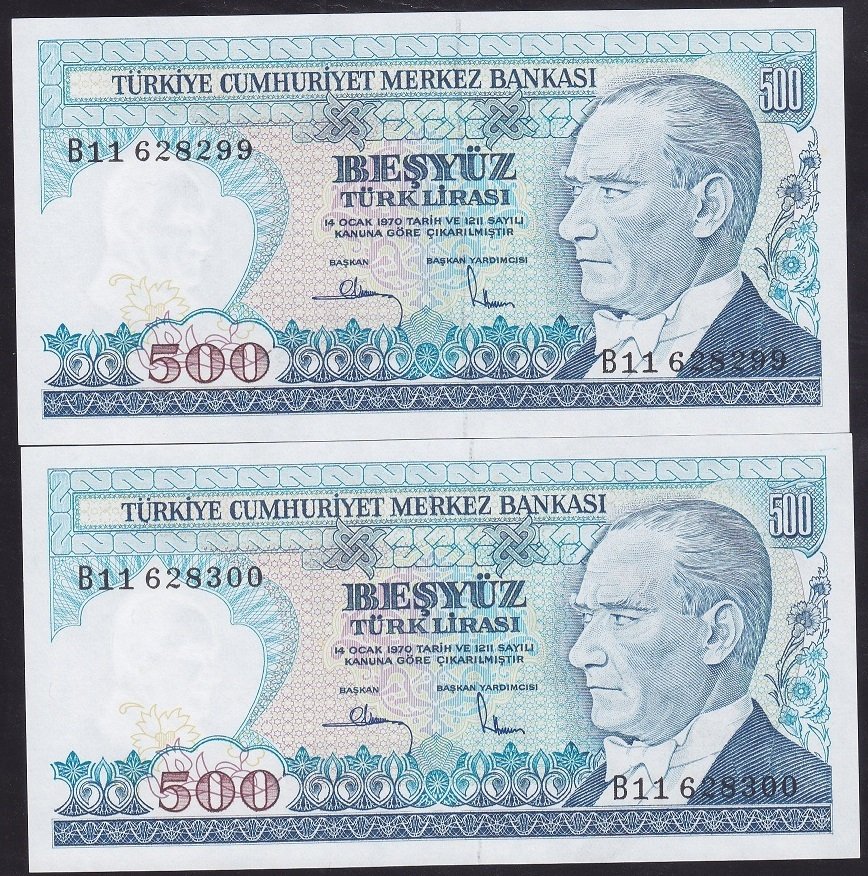 7.EMİSYON 1.TERTİP 500 LİRA B11 628299-300 SERİ TAKİPLİ 2 ADET ÇİL