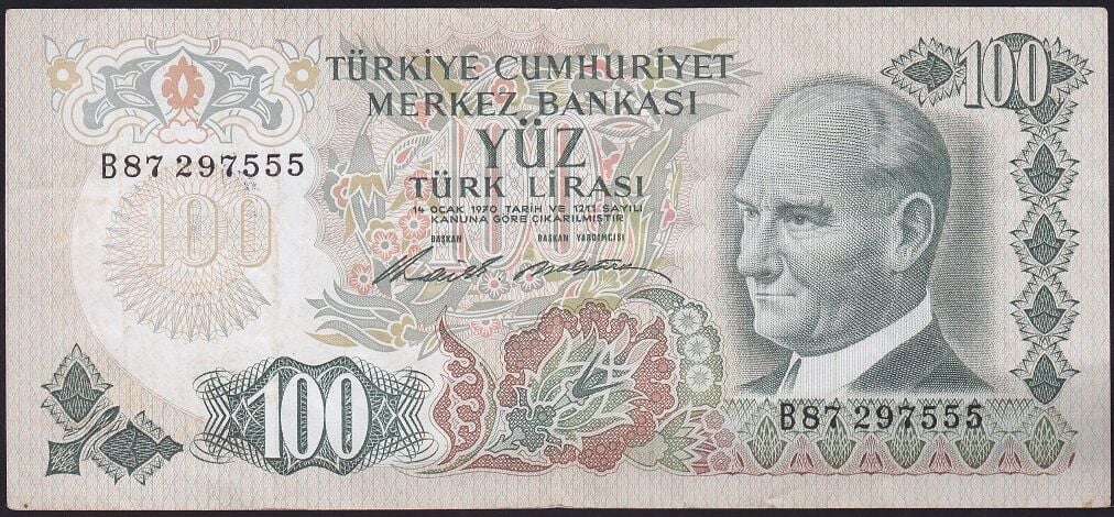 6.Emisyon 1.Tertip 100 Lira B87 297555 Çok Temiz+