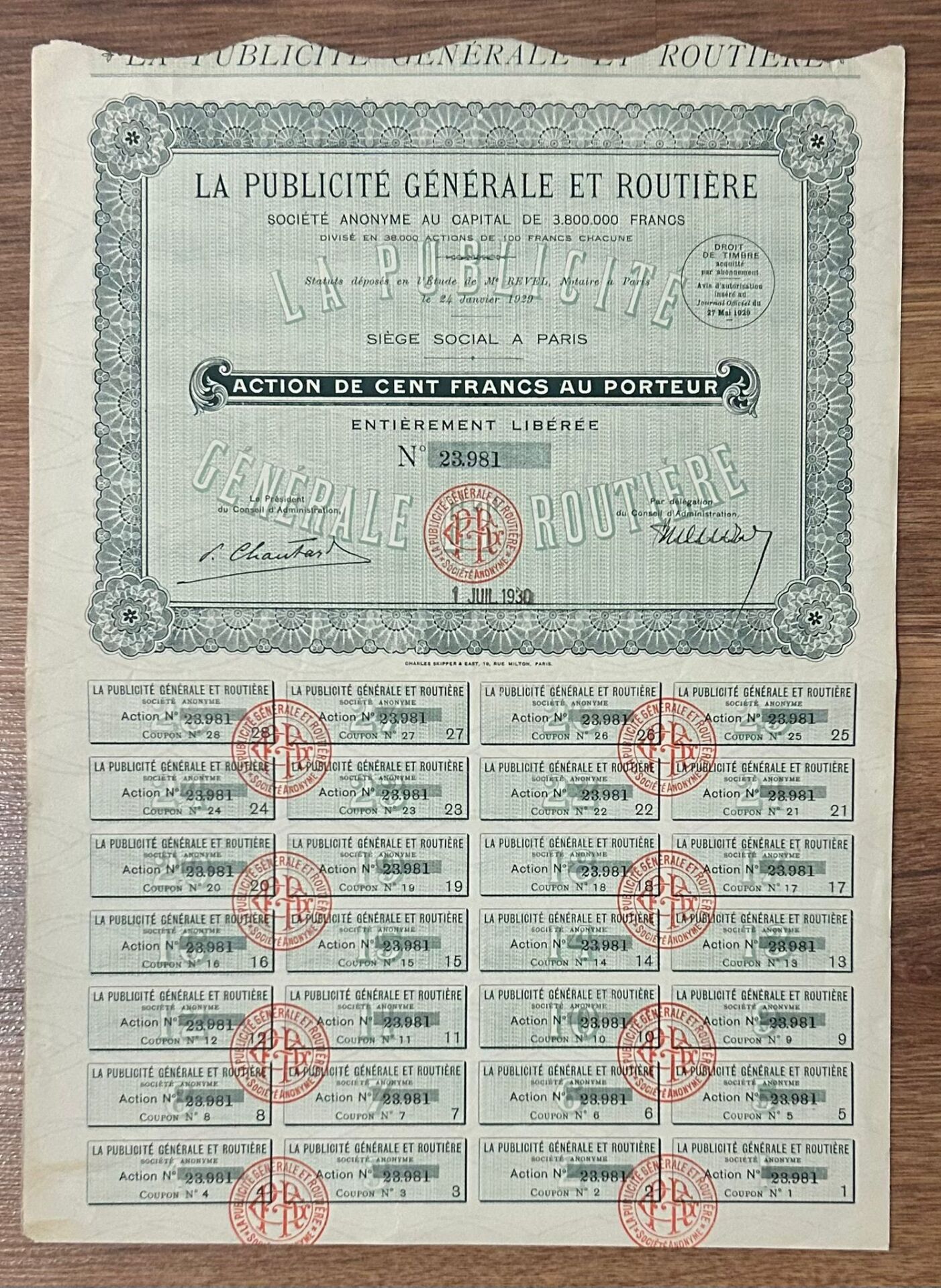 Hisse Senedi - Publicite General et Routiere 1930 ( 40 X 29 cm )