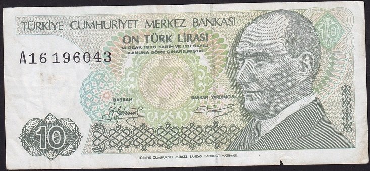 7.Emisyon 1.Tertip 10 Lira A16 196043 Çok Temiz