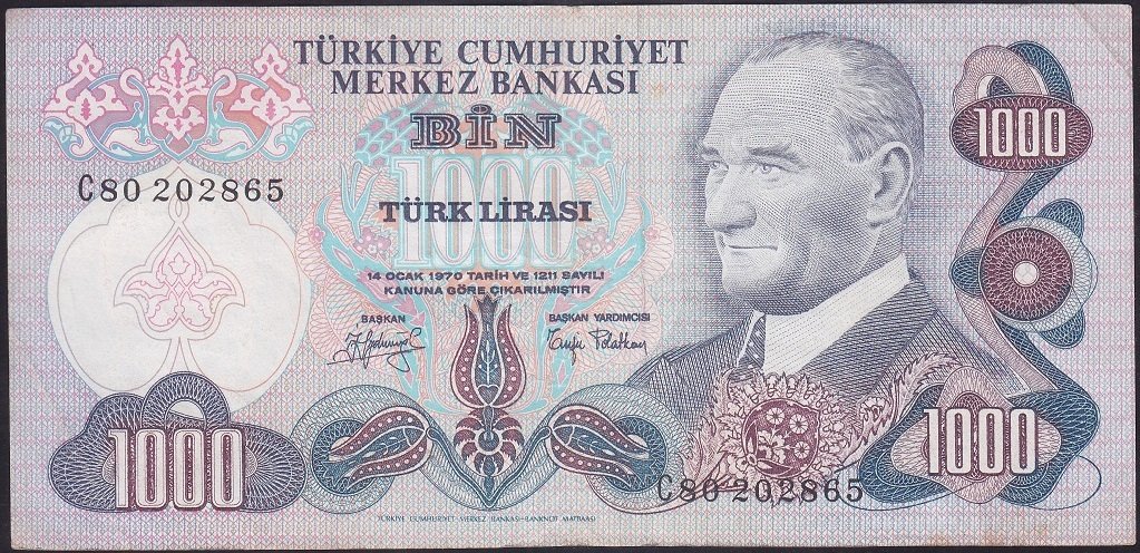6.EMİSYON 2.TERTİP 1000 LİRA C80 202865 ÇOK TEMİZ +