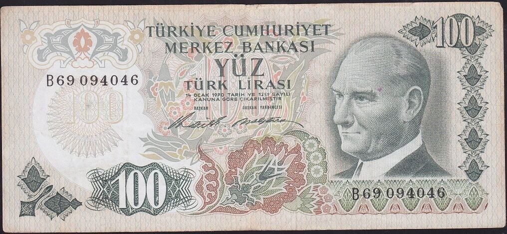 6.Emisyon 1.Tertip 100 Lira B69 094046 Çok Temiz+
