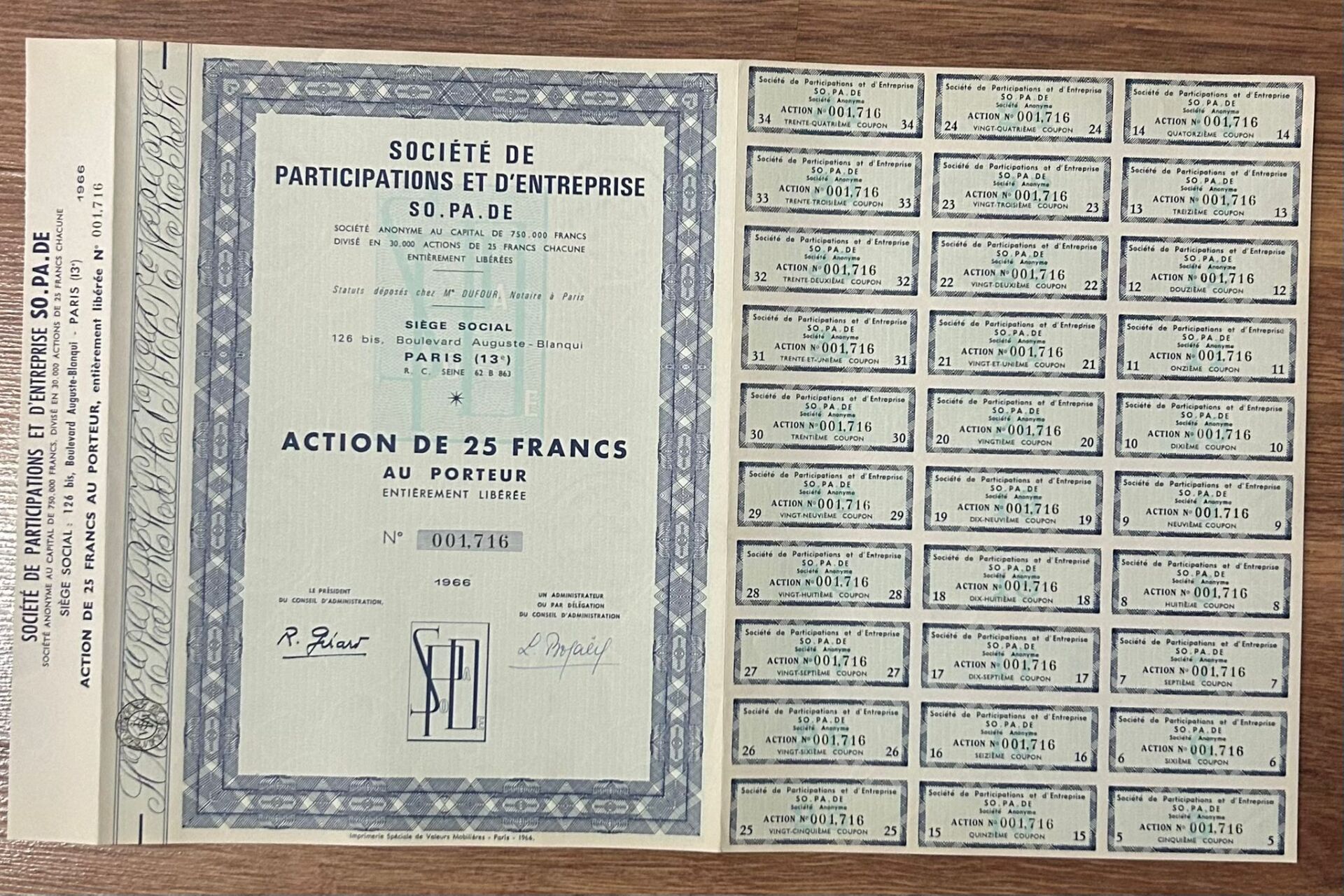 Hisse Senedi - SO PA DE 1966 ( 44 X 27 cm )