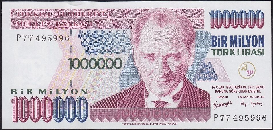 7.Emisyon 3.Tertip 1000000 Lira P77 495996 Çil
