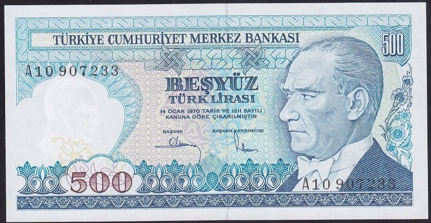 7.EMİSYON 1.TERTİP 500 LİRA A10 907233 ÇİLALTI ÇİL