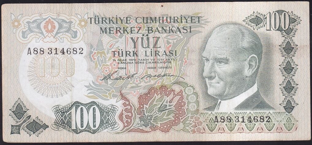 6.Emisyon 1.Tertip 100 Lira A88 314682 Çok Temiz+