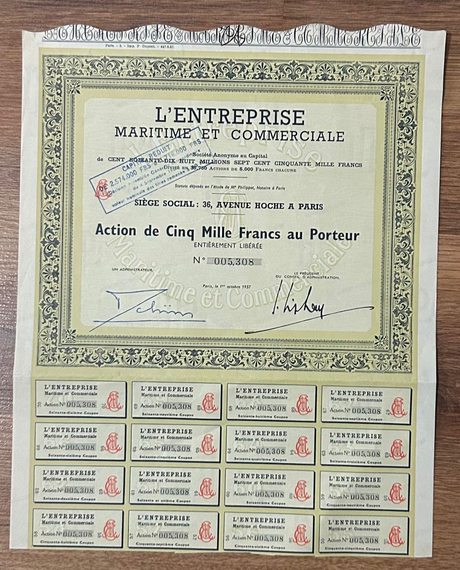 Hisse Senedi - L'entreprise 1957 ( 33 X 27 cm )