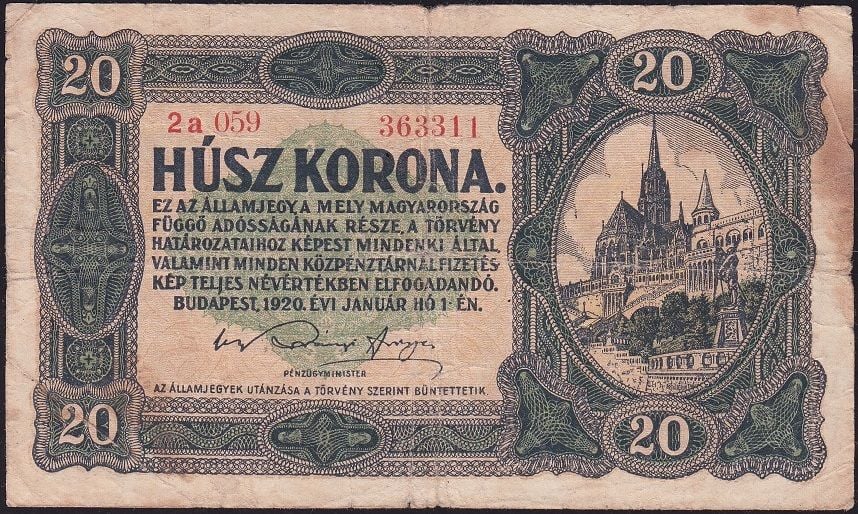 Macaristan 20 Korona 1920 Temiz