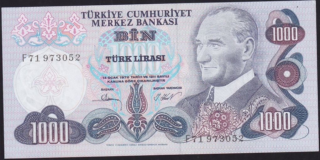 6.Emisyon 3.Tertip 1000 Lira F71 973052 Çilaltı