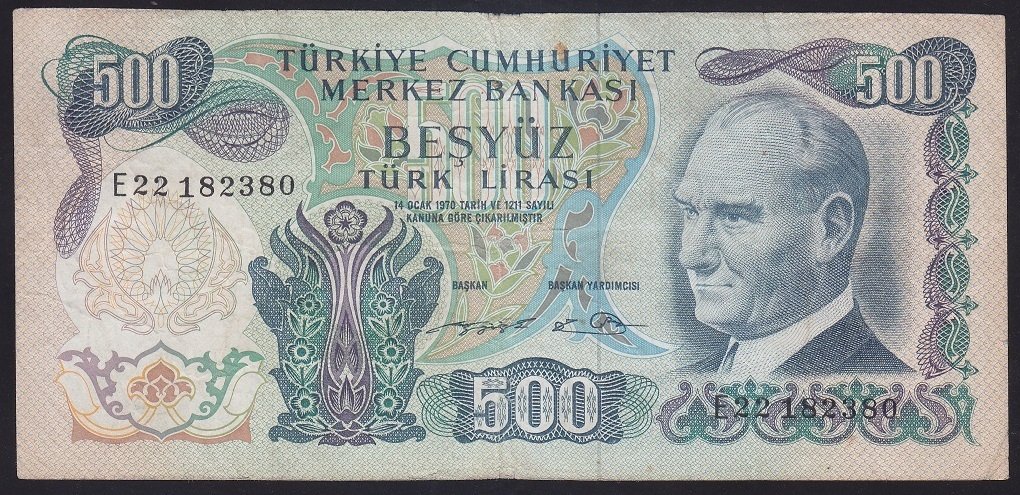 6.EMİSYON 2.TERTİP 500 LİRA E22 182380 ÇOK TEMİZ