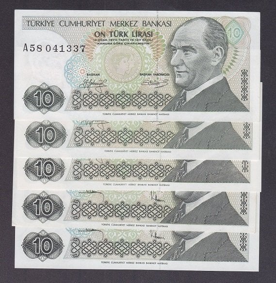 7.Emisyon 1.Ve 2.Tertip 10 LİRA ABCDE Takım Çil