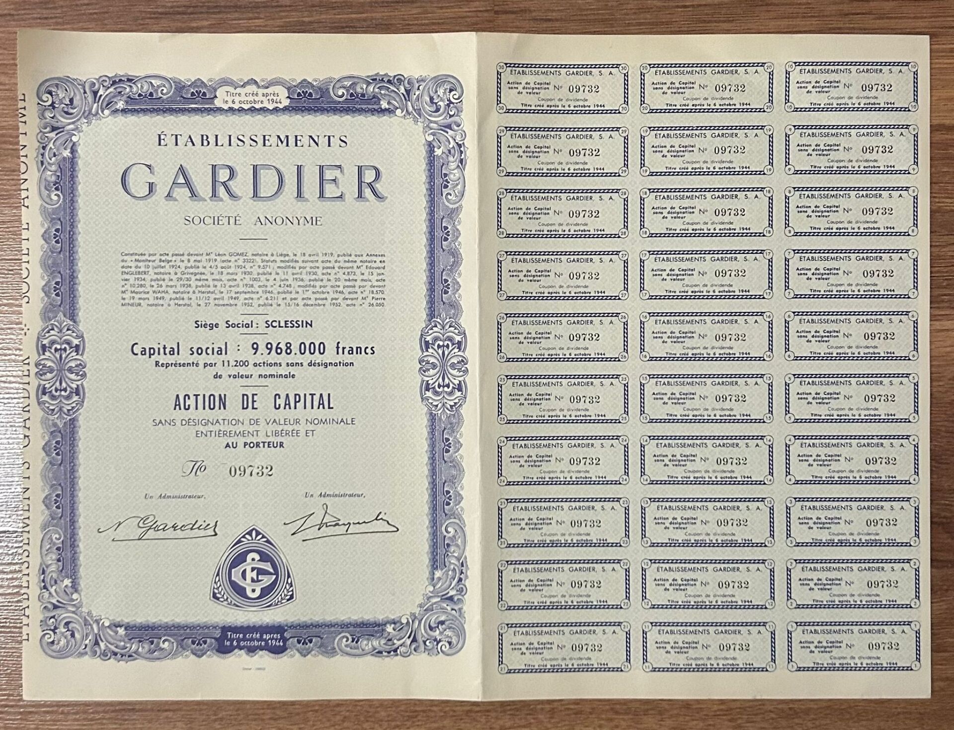 Hisse Senedi - Gardier 1944 ( 43.5 X 32 cm )