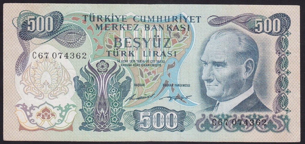 6.EMİSYON 1.TERTİP 500 LİRA C67 074362 ÇOK TEMİZ