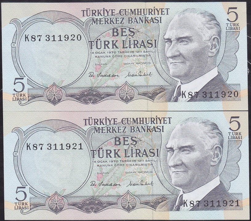 6.Emisyon 2.Tertip 5 Lira K87 311920-21 Çil Seri Takipli