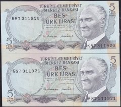 6.Emisyon 2.Tertip 5 Lira K87 311920-21 Çil Seri Takipli
