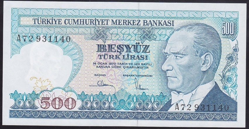 7.EMİSYON 1.TERTİP 500 LİRA A72 931140 ÇİL