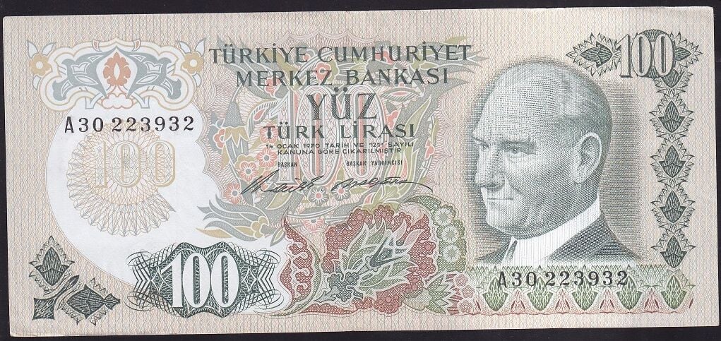 6.Emisyon 1.Tertip 100 Lira A30 223932 Çok Temiz+