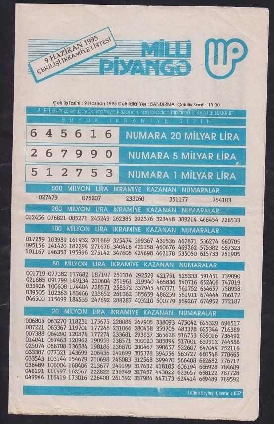 1995 9 HAZİRAN PİYANGO LİSTESİ