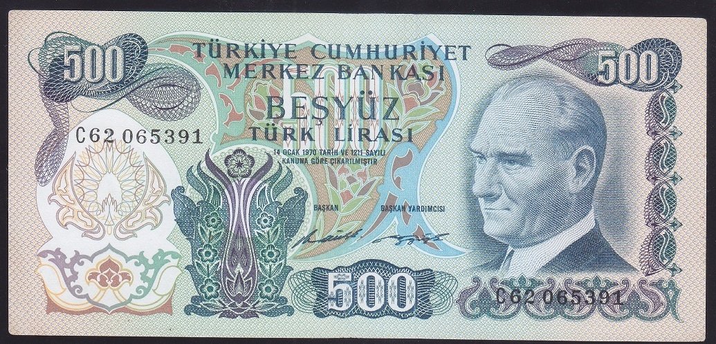 6.EMİSYON 1.TERTİP 500 LİRA C62 065391 ÇOK ÇOK TEMİZ  ( DÜZLENMİŞ )