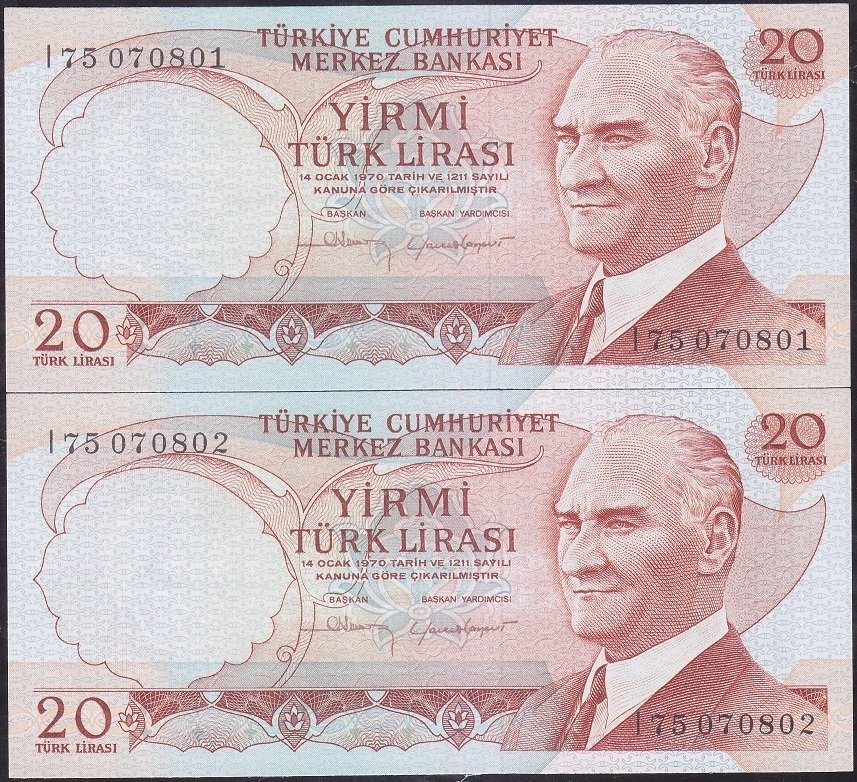 6.Emisyon 4.Tertip 20 Lira I75 070801-02 Çil Seri Takipli