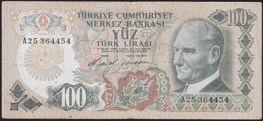 6.Emisyon 1.Tertip 100 Lira A25 364454 Çok Temiz