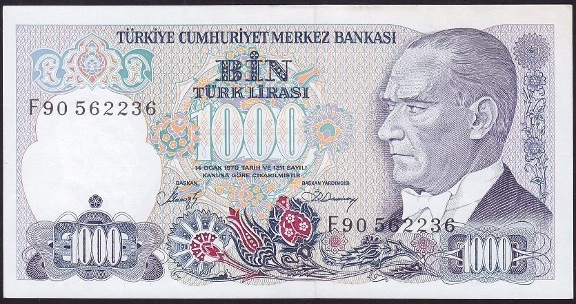 7.Emisyon 2.Tertip 1000 Lira F90 562236 Çilaltı ( Kat yok rakam yazılı )