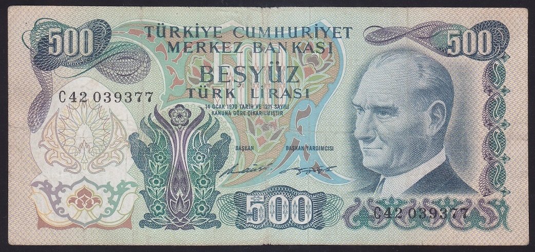 6.EMİSYON 1.TERTİP 500 LİRA C42 039377 ÇOK TEMİZ