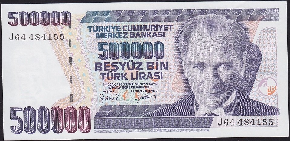 7.Emisyon 4.Tertip 500000 Lira J64 484155 Çilaltı Çil ( Bandrol baskı izi var )