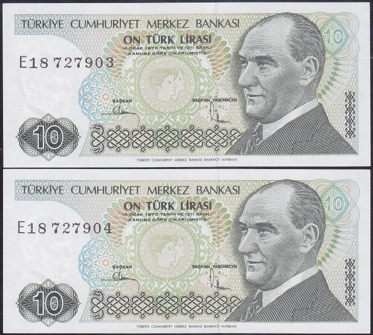 7.Emisyon 2.Tertip 10 Lira E18 727903- 04 Çil Seri Takipli