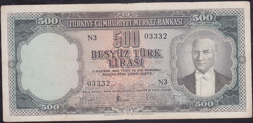 5.Emisyon 2.Tertip 500 Lira N3 03332 Çok Temiz + ( düzeltme var )