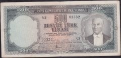5.Emisyon 2.Tertip 500 Lira N3 03332 Çok Temiz + ( düzeltme var )