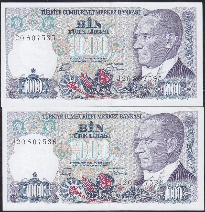 7.Emisyon 2.Tertip 1000 Lira J20 807535-36 Çil Seri Takipli