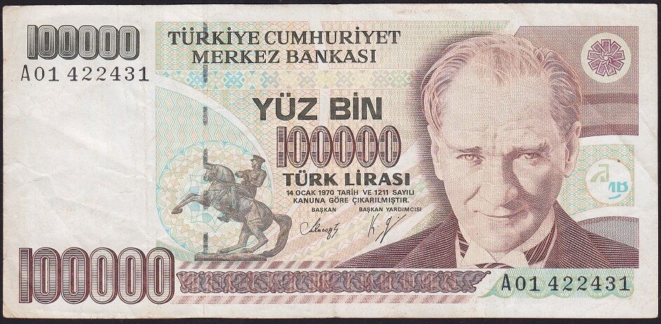 7.Emisyon 1.Tertip 100000 Lira A01 422431 Çok Temiz+