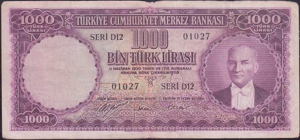 5.Emisyon 1.Tertip 1000 Lira D12 01027 Çok Temiz +