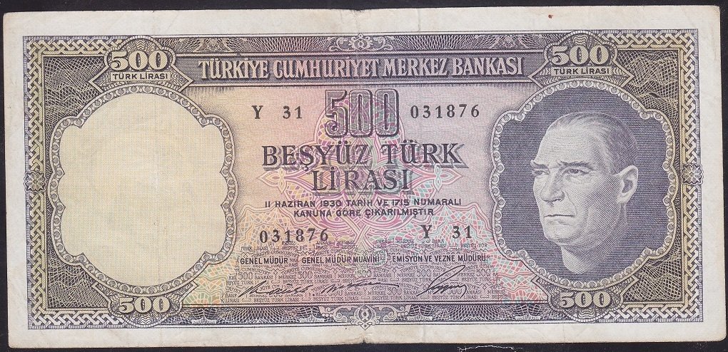 5.EMİSYON 4.TERTİP 500 LİRA Y31 031876 ÇOK TEMİZ