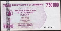 Zimbabwe 750.000 Dolar 2008 Çok Çok Temiz
