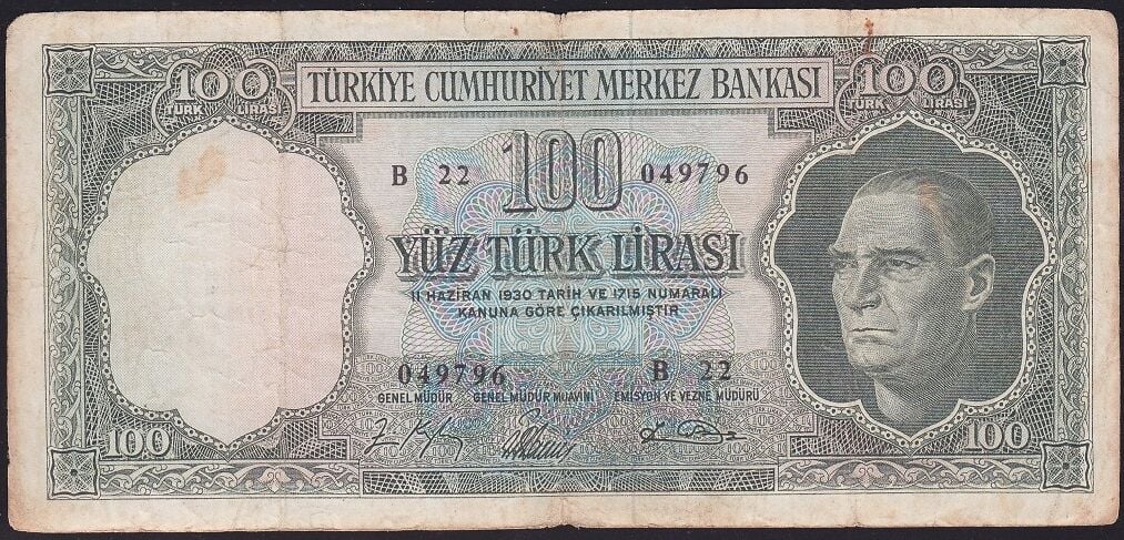 5.Emisyon 5.Tertip 100 Lira B22 049796 Çok Temiz