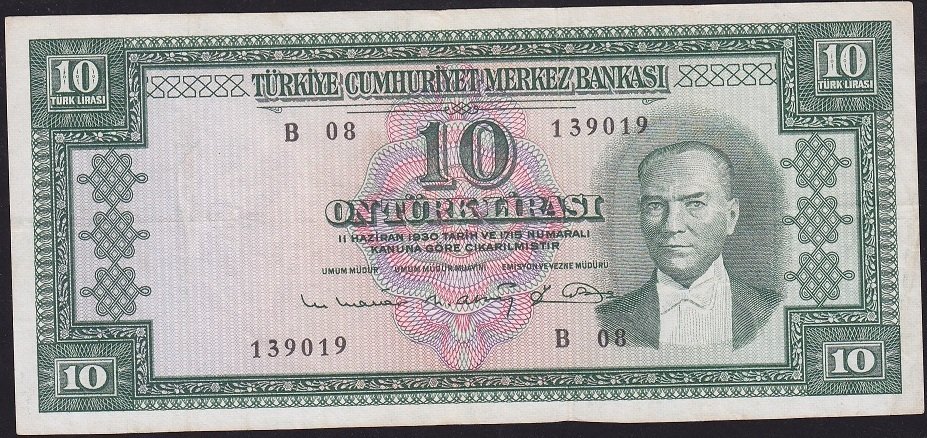 5.Emisyon 6.Tertip 10 Lira B08 139019 Çok Temiz +