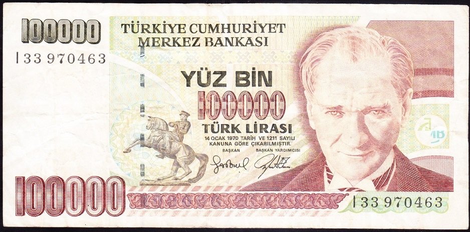 7.Emisyon 3.Tertip 100000 Lira I33 970463 Çok Temiz