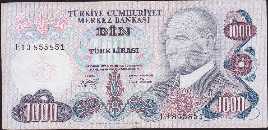 6.Emisyon 2.Tertip 1000 Lira E13 855851 Çok Temiz+