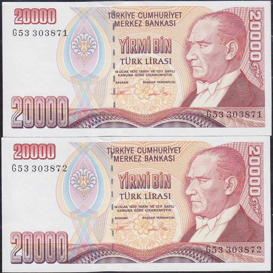 7.Emisyon 2.Tertip 20000 Lira G53 303871-72 Çil Seri Takipli