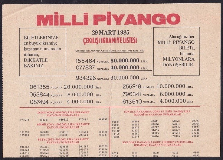 1985 29 MART PİYANGO LİSTESİ