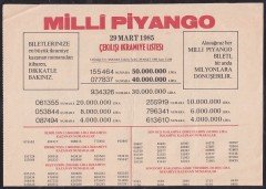 1985 29 MART PİYANGO LİSTESİ