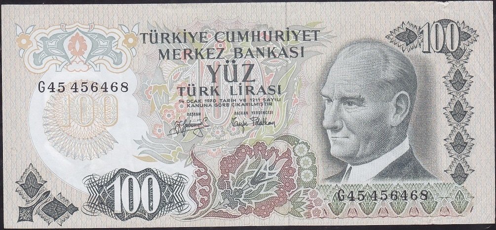 6.Emisyon 2.Tertip 100 Lira G45 456468 Çok Çok Temiz + (hafif kayık baskı)