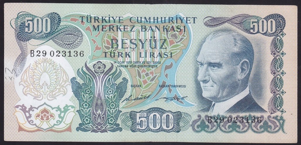 6.EMİSYON 1.TERTİP 500 LİRA B29 023136 ÇOK ÇOK TEMİZ  ( DÜZLENMİŞ )