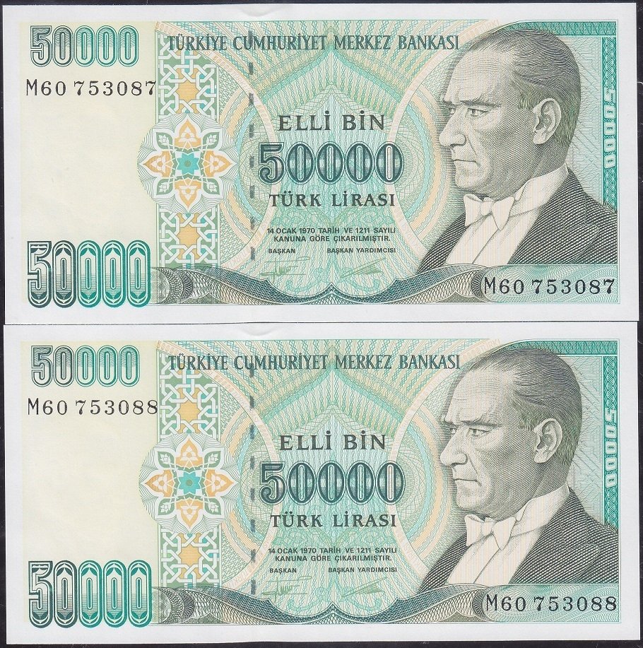 7.Emisyon 2.Tertip 50000 Lira M60 753087-88 Çil Seri Takipli