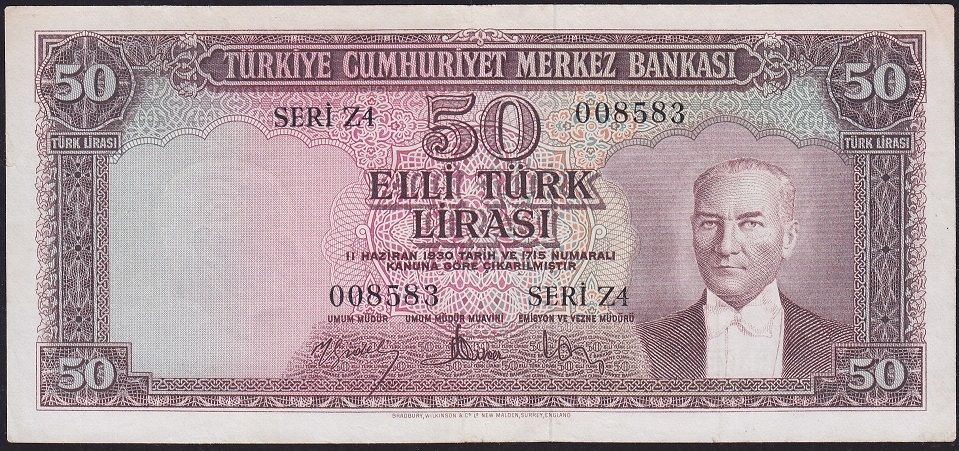 5.Emisyon 4.Tertip 50 Lira Z4 008583 Çok Temiz+ ( Düzeltme Var )