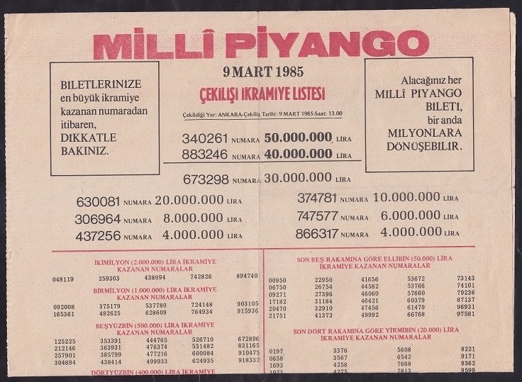 1985 9 MART PİYANGO LİSTESİ